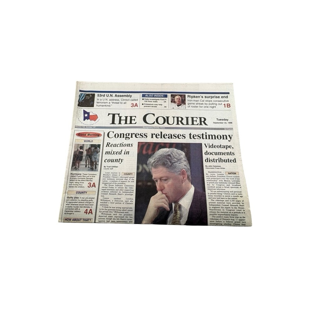 The Courier‎ Sept 22, 1998 Clinton Testimony Front Page & Sports Section